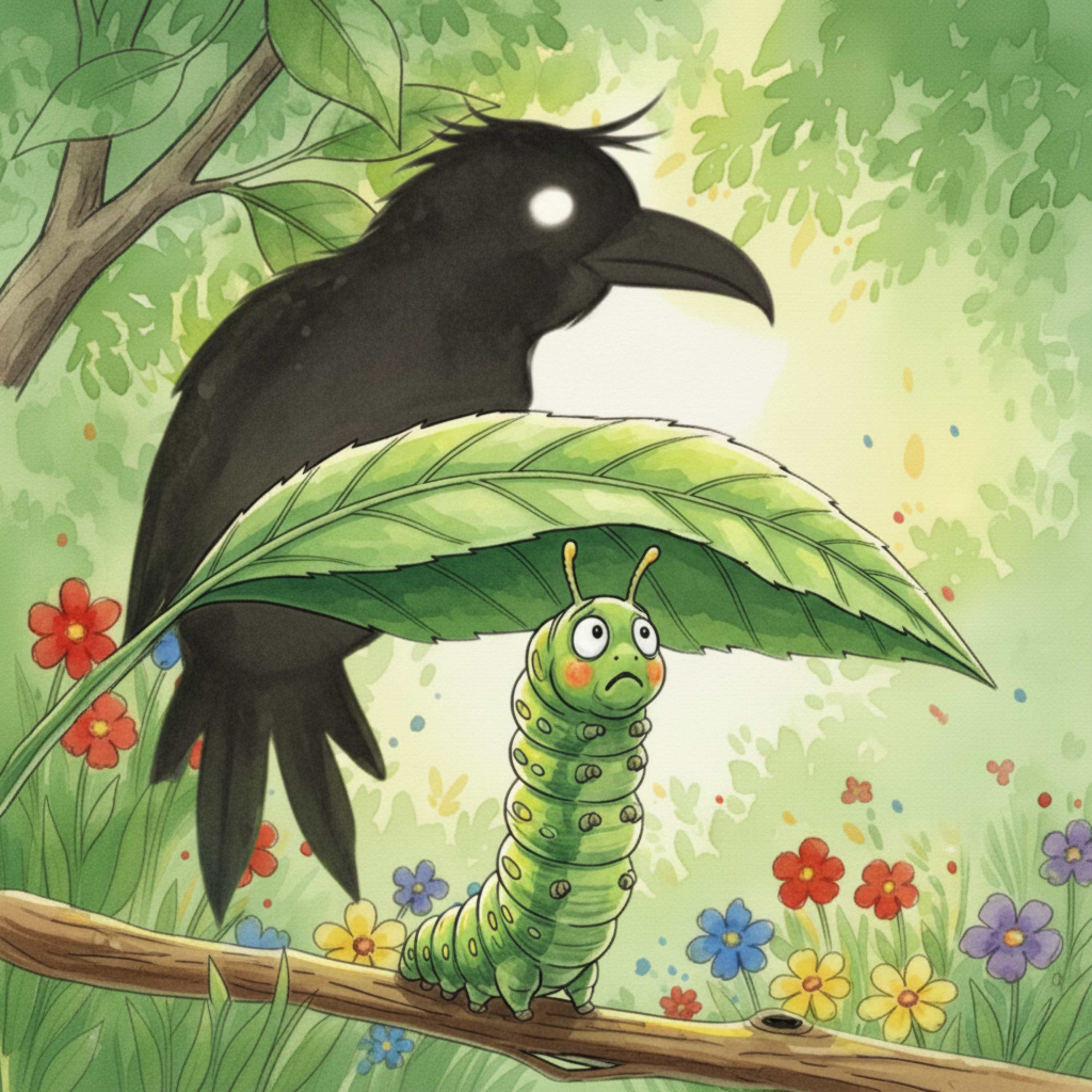 Watercolor illustration of a cute caterpillar on a branch